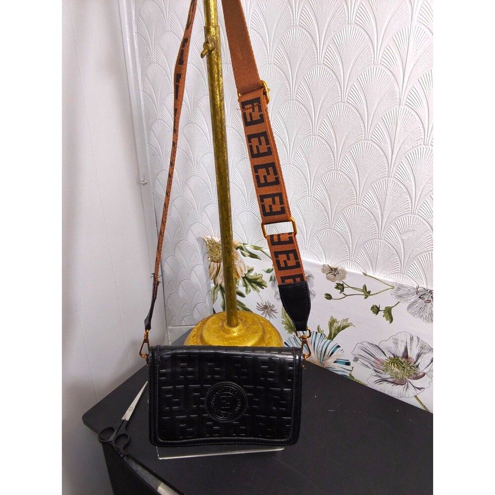 Fanpinbag crossbody bag black leather with brown canvas strap